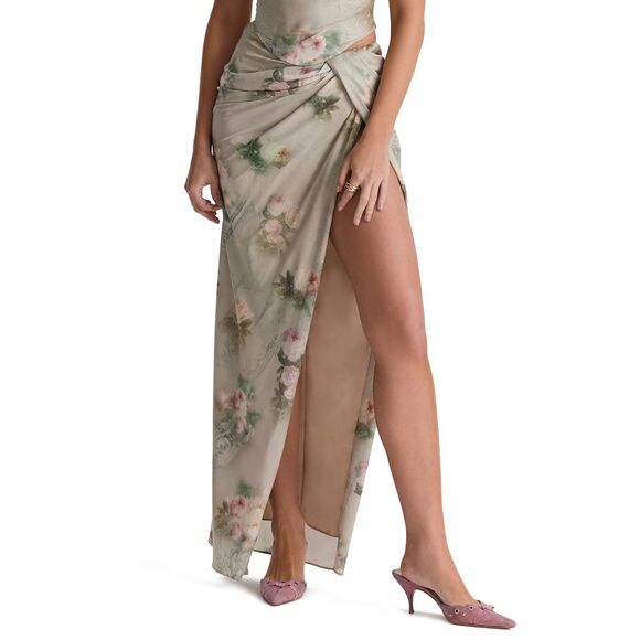 New HOUSE OF CB Vesper Gathered Side Slit Skirt in Rich Brown sz L - Picture 2 of 12